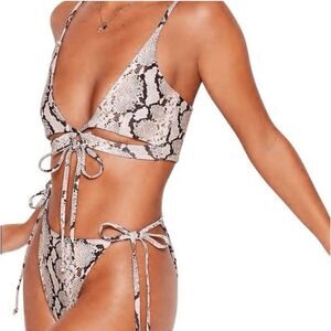 Nasty Gal Women's Sting Bikini Top L Snake Print Cut-Out Tie-Back Swimwear Beach
